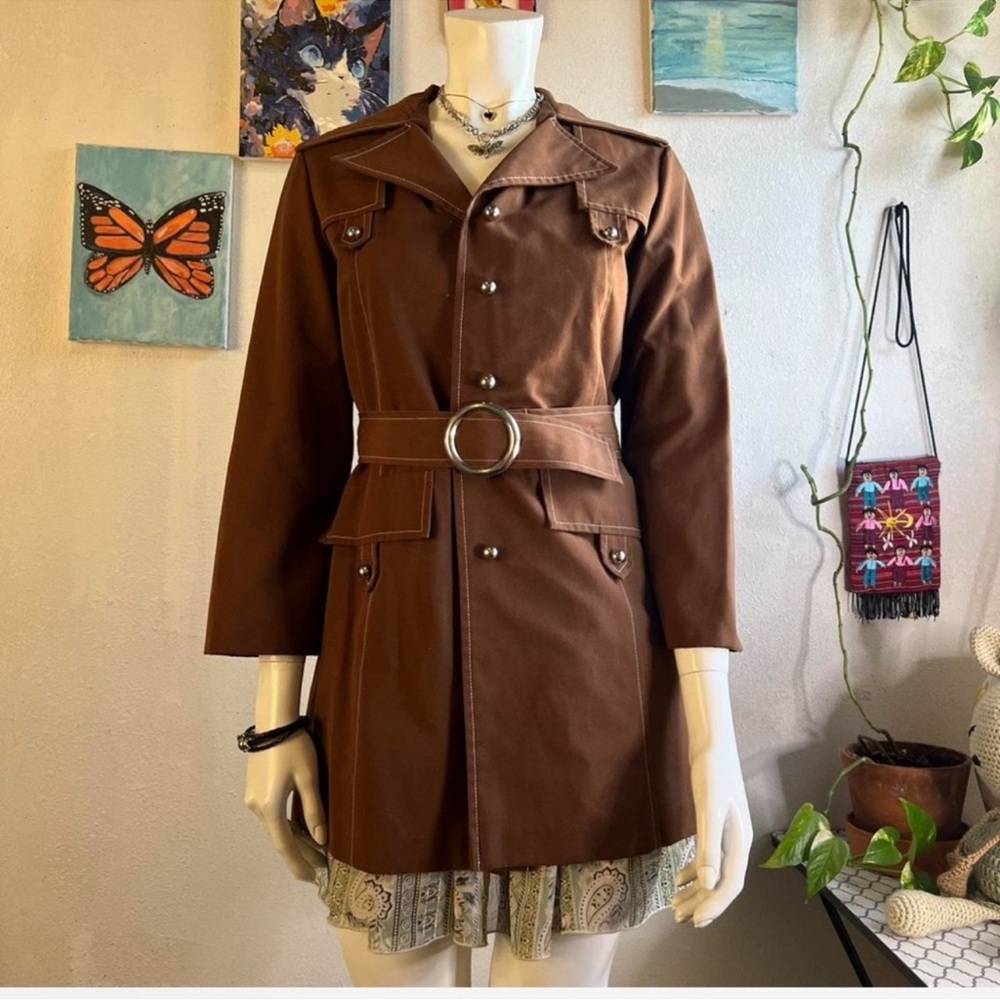 American Vintage Brown Double-Breasted Belted Trench Coat - Picture 10 of 12